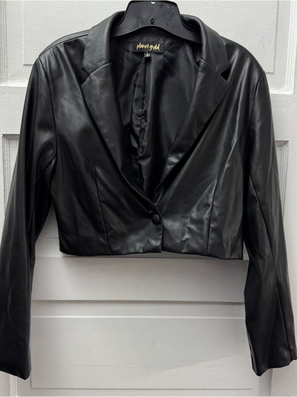 Planet Gold Cropped Faux Leather Blazer Black Large Y2K Edgy - Picture 1 of 9